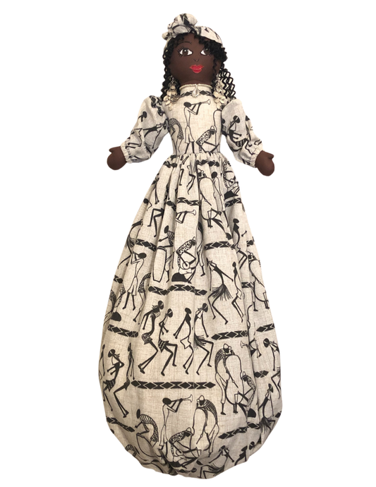 Handmade Amani plastic bag holder featuring African-inspired fabric with musical instruments and dancers, symbolizing harmony, peace, and tranquility.