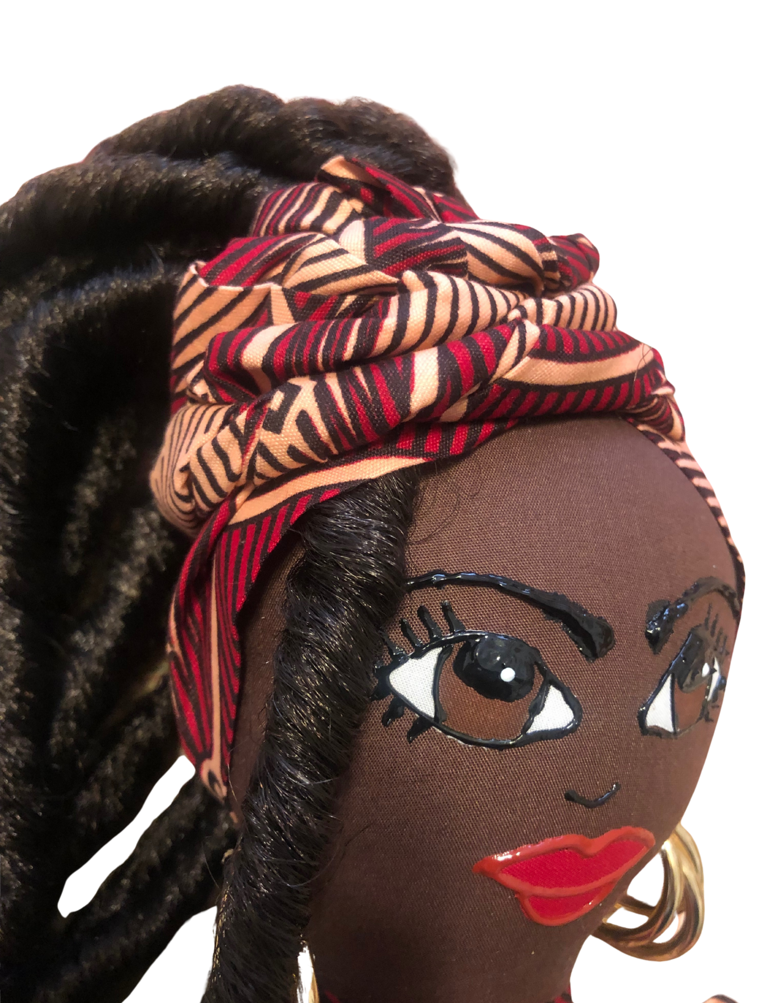 Handmade plastic bag holder doll Anaiah in African print dress with braided hairstyle and cowrie shell details