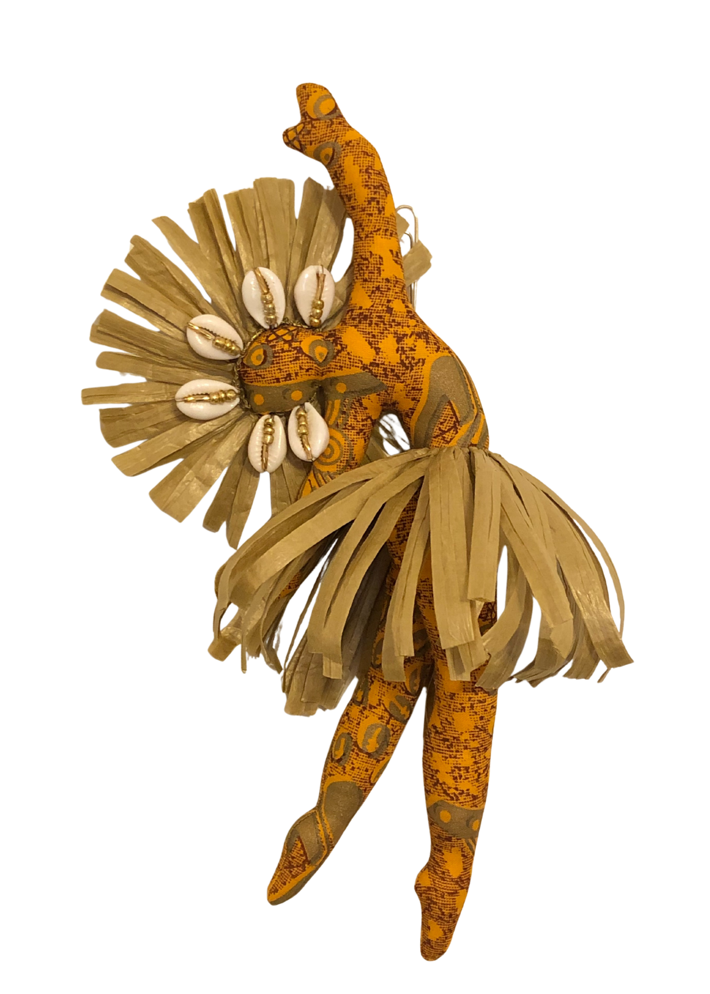 Faceless Spirit Dancer doll Hamida in gold and brown earth tones with raffia crown, cowrie shells, and seed beads