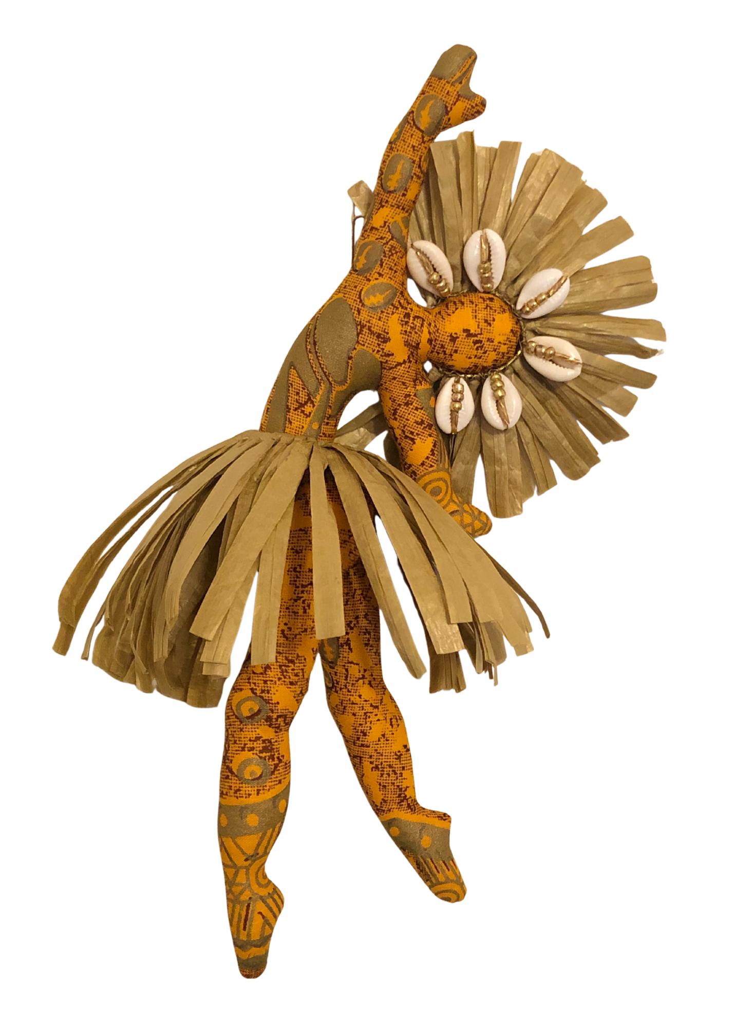 Faceless Spirit Dancer doll Hamida in gold and brown earth tones with raffia crown, cowrie shells, and seed beads