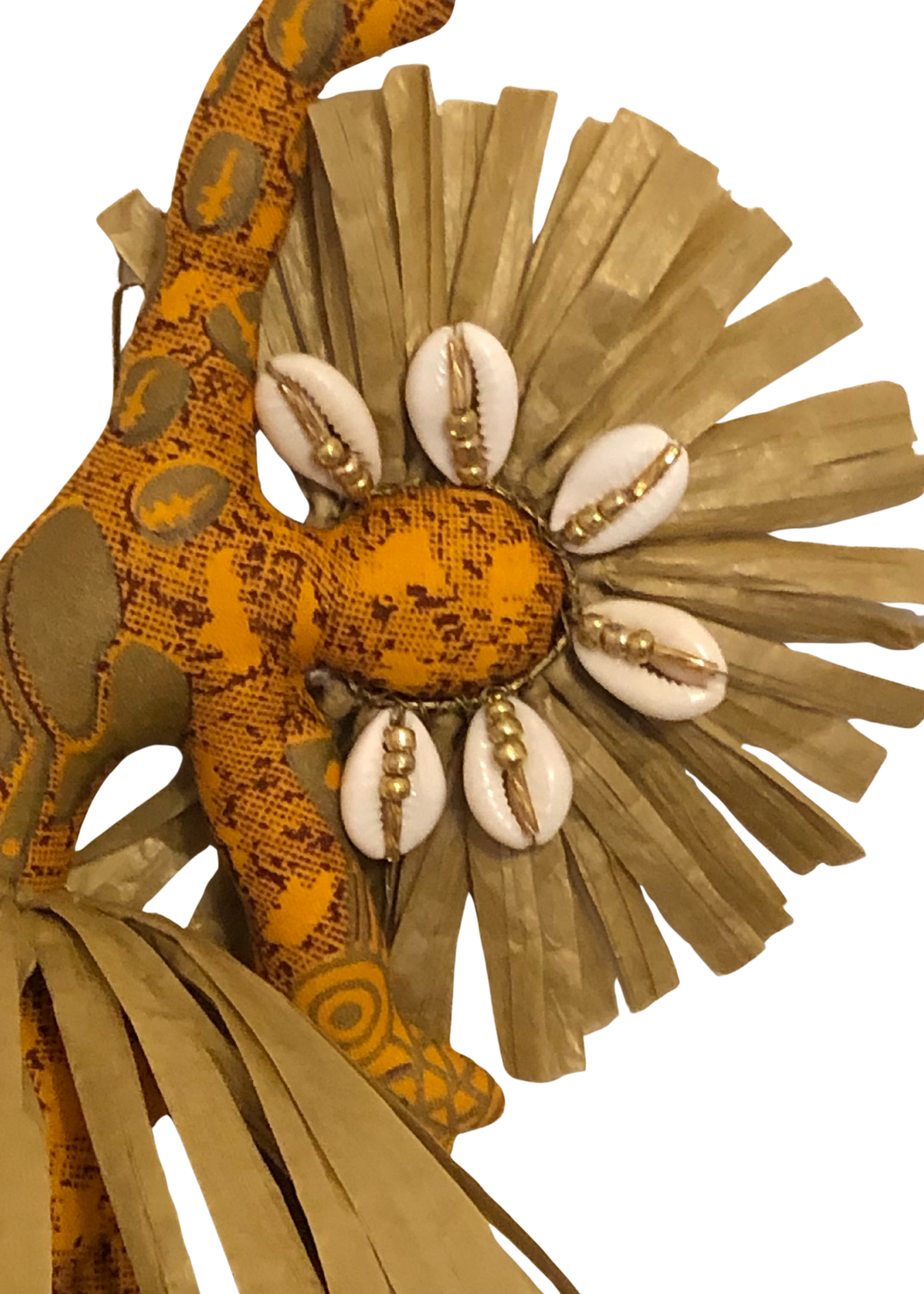 Faceless Spirit Dancer doll Hamida in gold and brown earth tones with raffia crown, cowrie shells, and seed beads