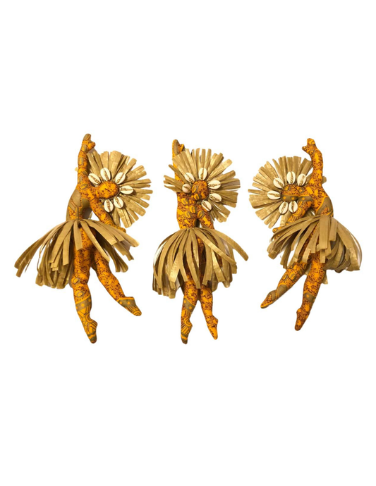 Faceless Spirit Dancer doll Hamida in gold and brown earth tones with raffia crown, cowrie shells, and seed beads