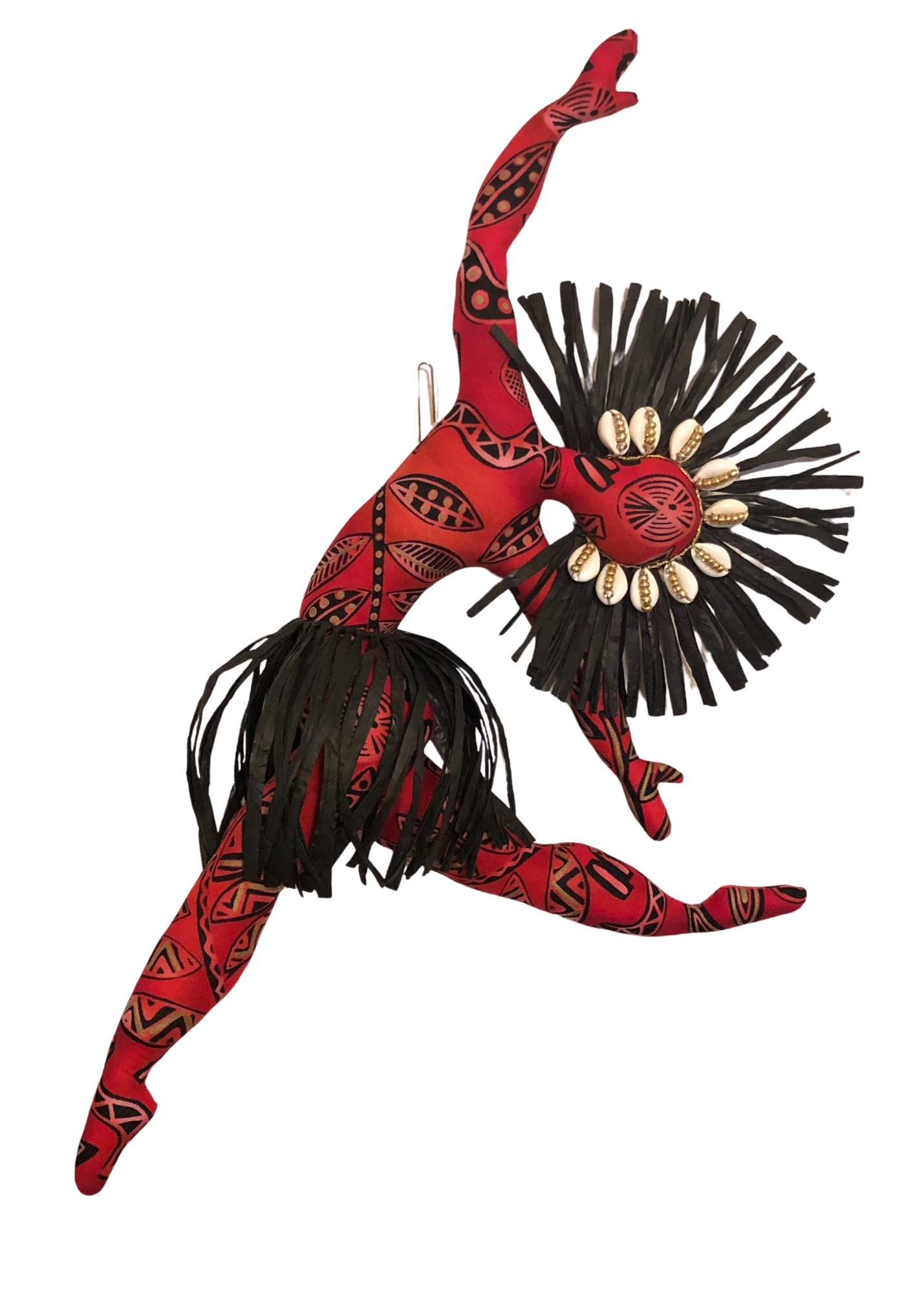 Tabita Spirit Dancer wall-hanging doll in blue and white tie-dyed African print with raffia crown, cowrie shells, and seed bead accents