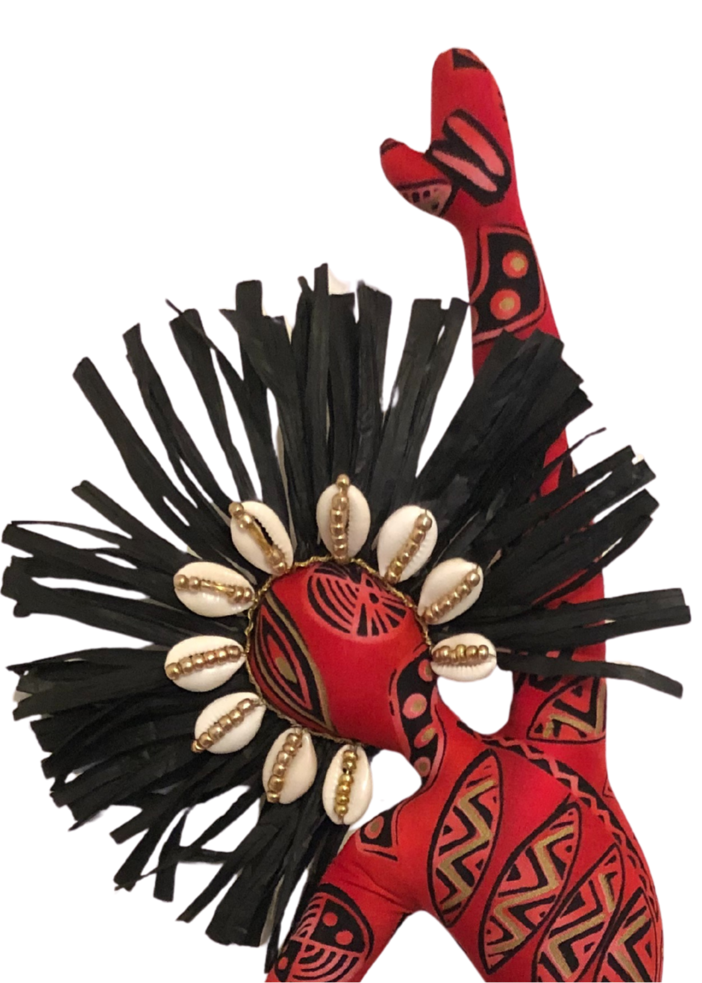 Matna Spirit Dancer wall décor doll pair in red and black African print with raffia crowns, cowrie shells, and symbolic beaded details.