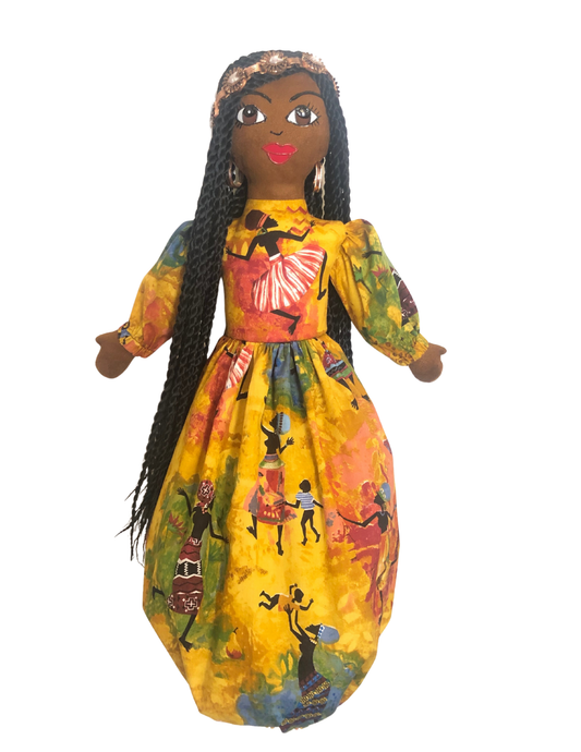 Na’Zyia plastic bag holder doll in vibrant African print with braids and cultural adornments