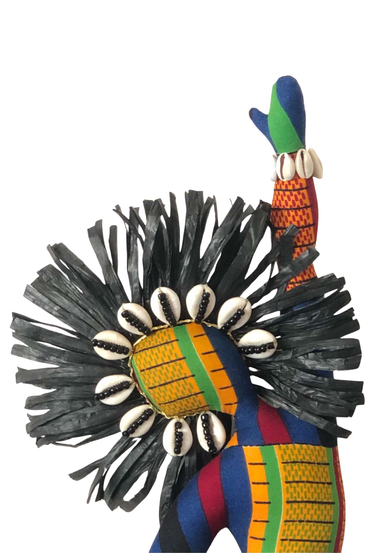 Sekelaga Spirit Dancer doll dressed in vibrant Kente-inspired fabric with raffia skirt, cowrie shells, and colorful bead adornments.”