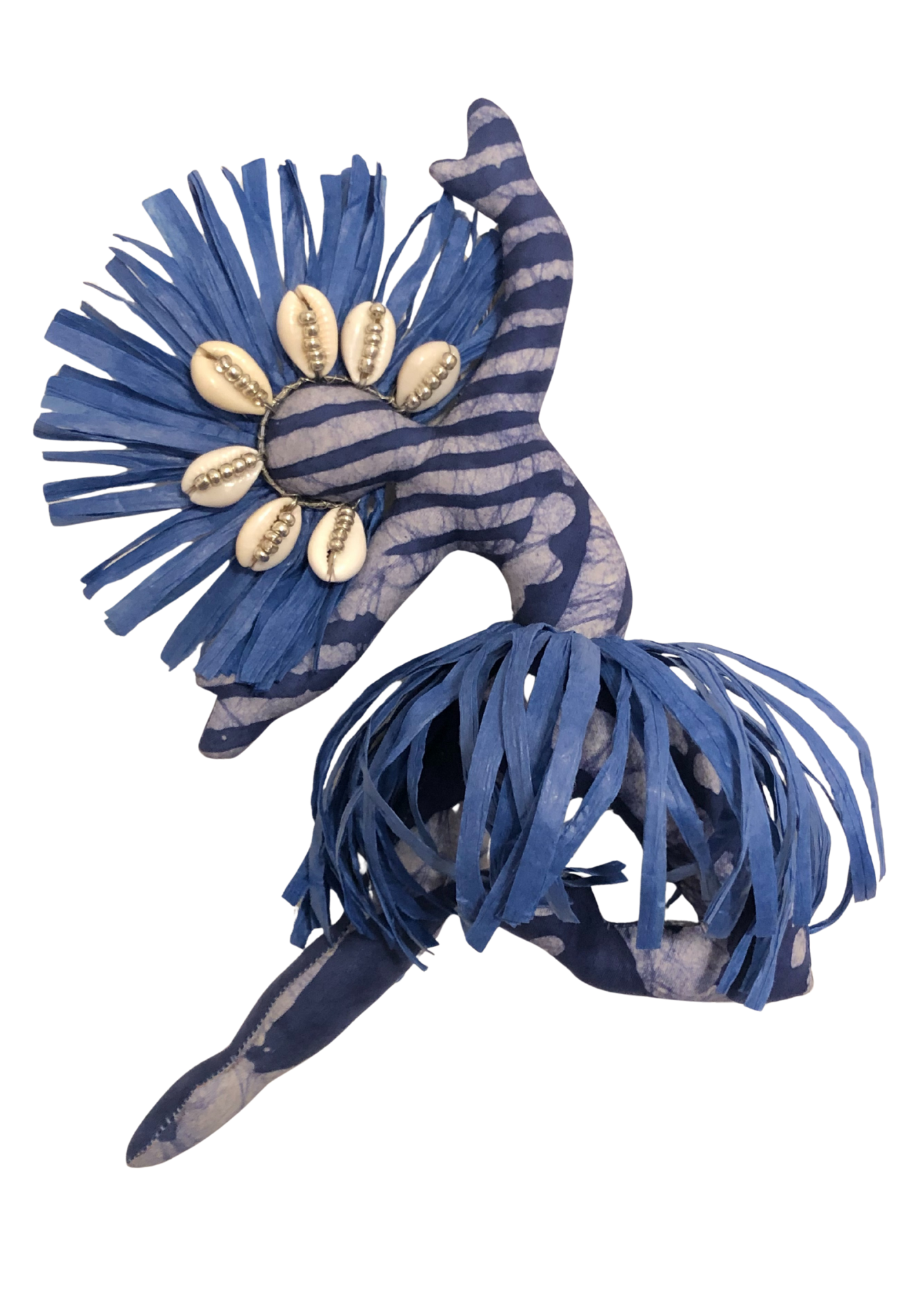 Tabita Spirit Dancer wall-hanging doll in blue and white tie-dyed African print with raffia crown, cowrie shells, and seed bead accents
