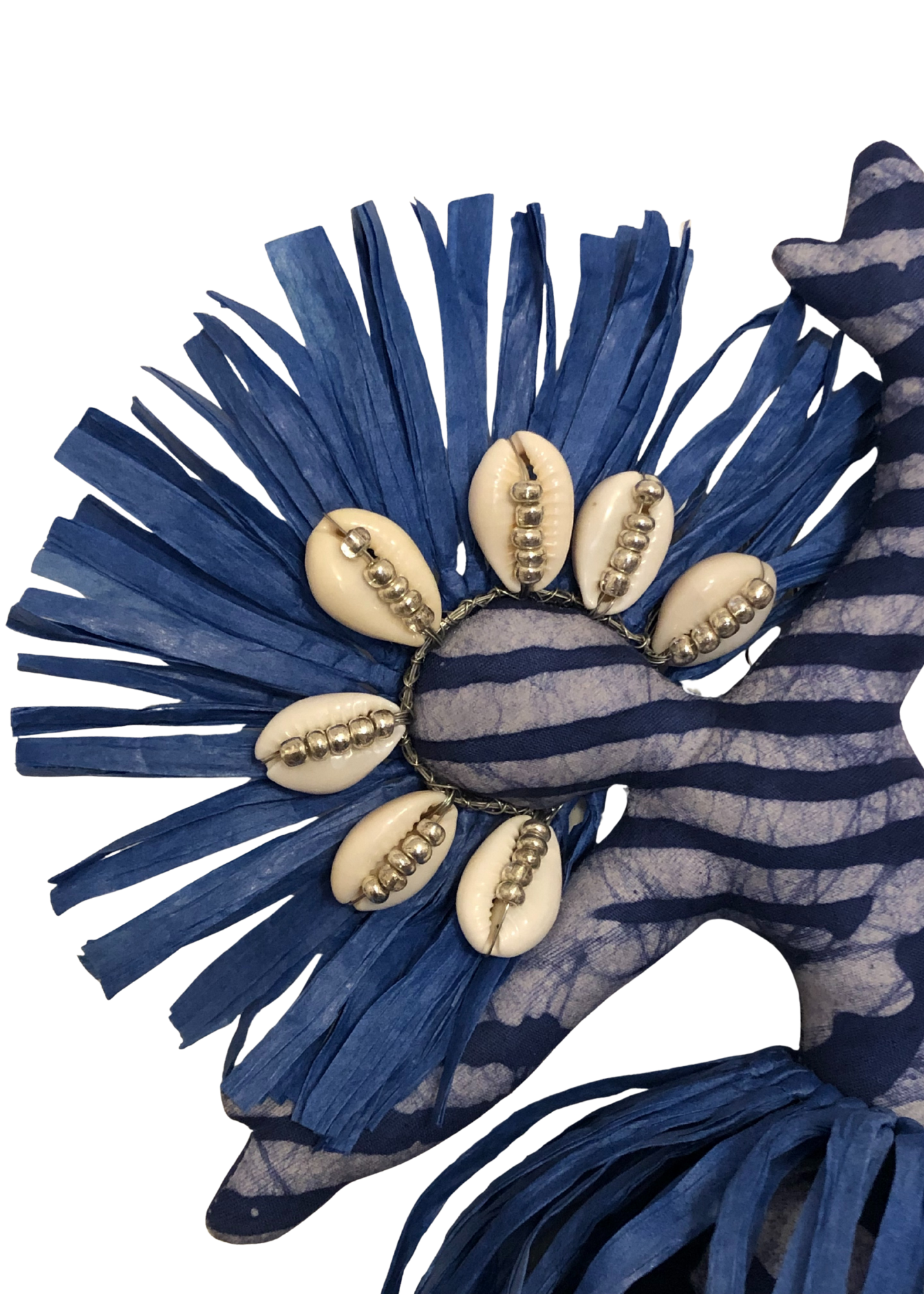 Tabita Spirit Dancer wall-hanging doll in blue and white tie-dyed African print with raffia crown, cowrie shells, and seed bead accents