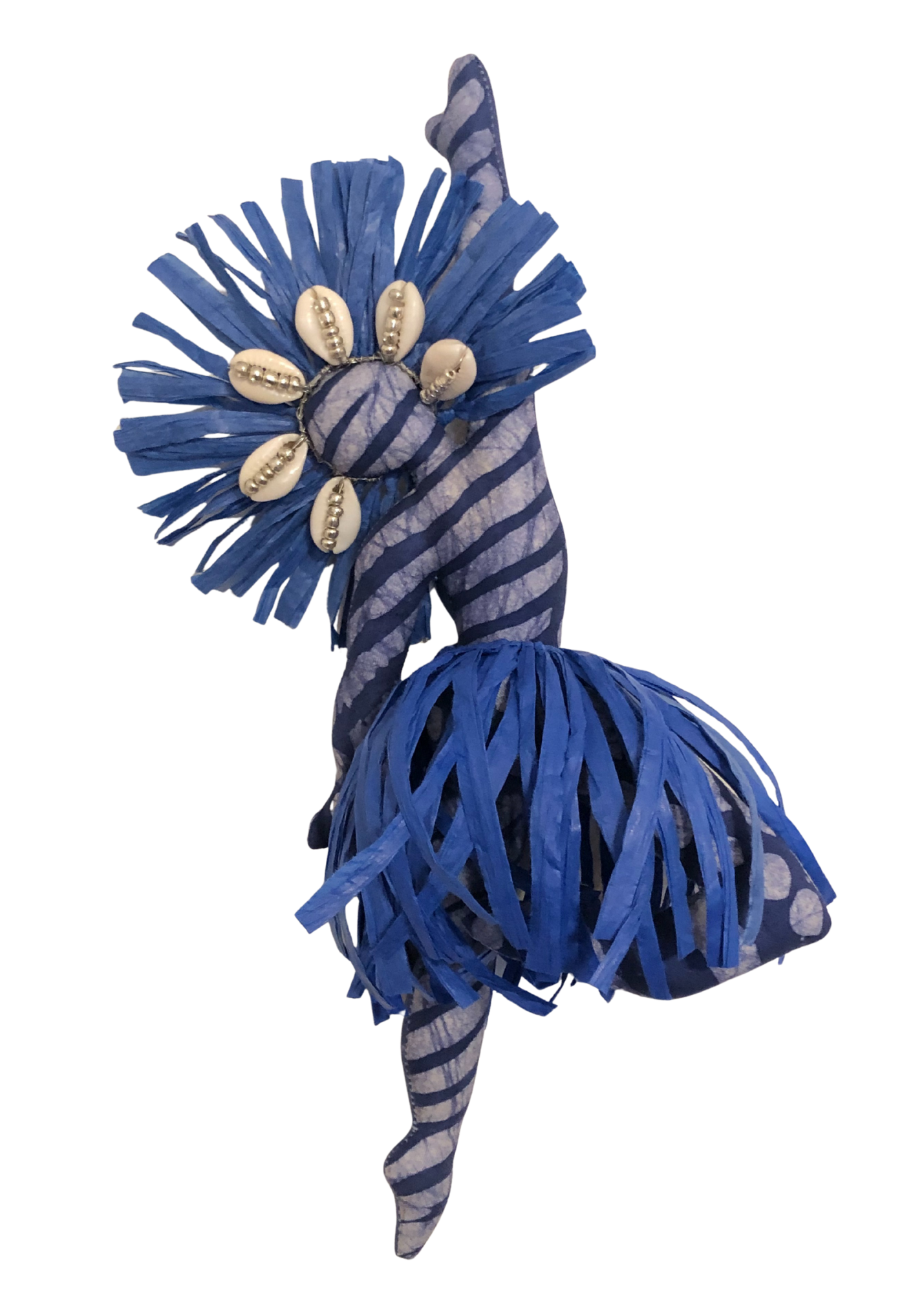 Tabita Spirit Dancer wall-hanging doll in blue and white tie-dyed African print with raffia crown, cowrie shells, and seed bead accents