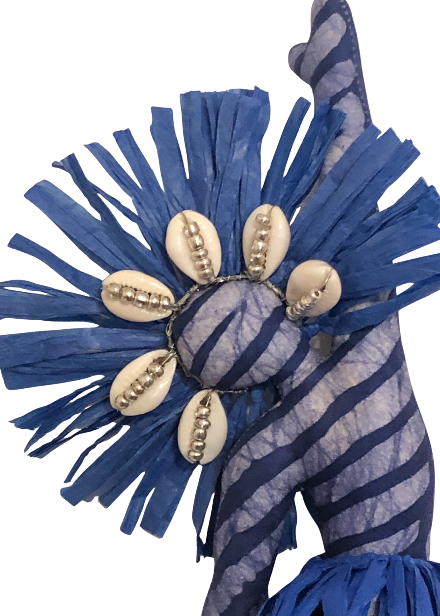 Tabita Spirit Dancer wall-hanging doll in blue and white tie-dyed African print with raffia crown, cowrie shells, and seed bead accents
