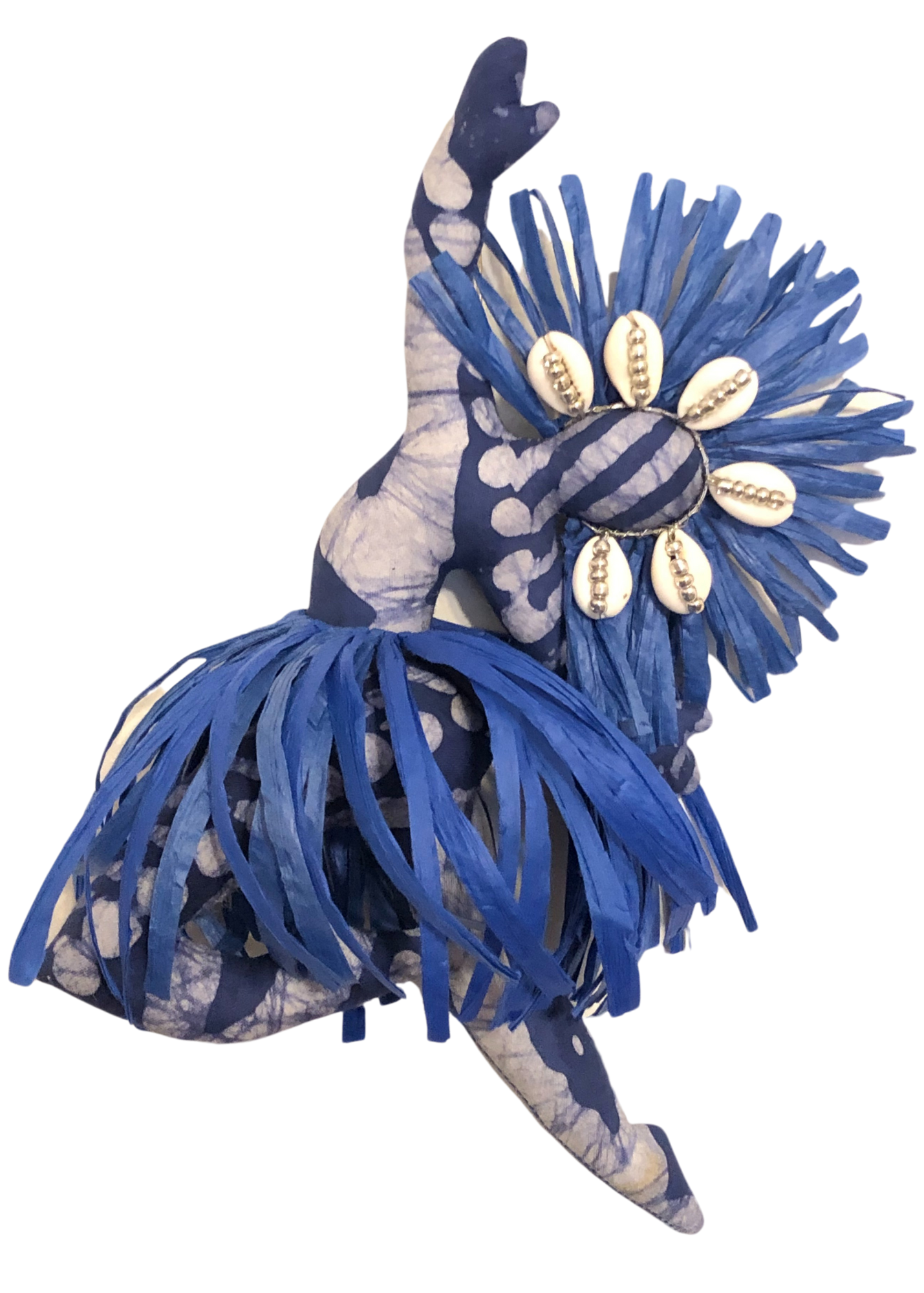 Tabita Spirit Dancer wall-hanging doll in blue and white tie-dyed African print with raffia crown, cowrie shells, and seed bead accents
