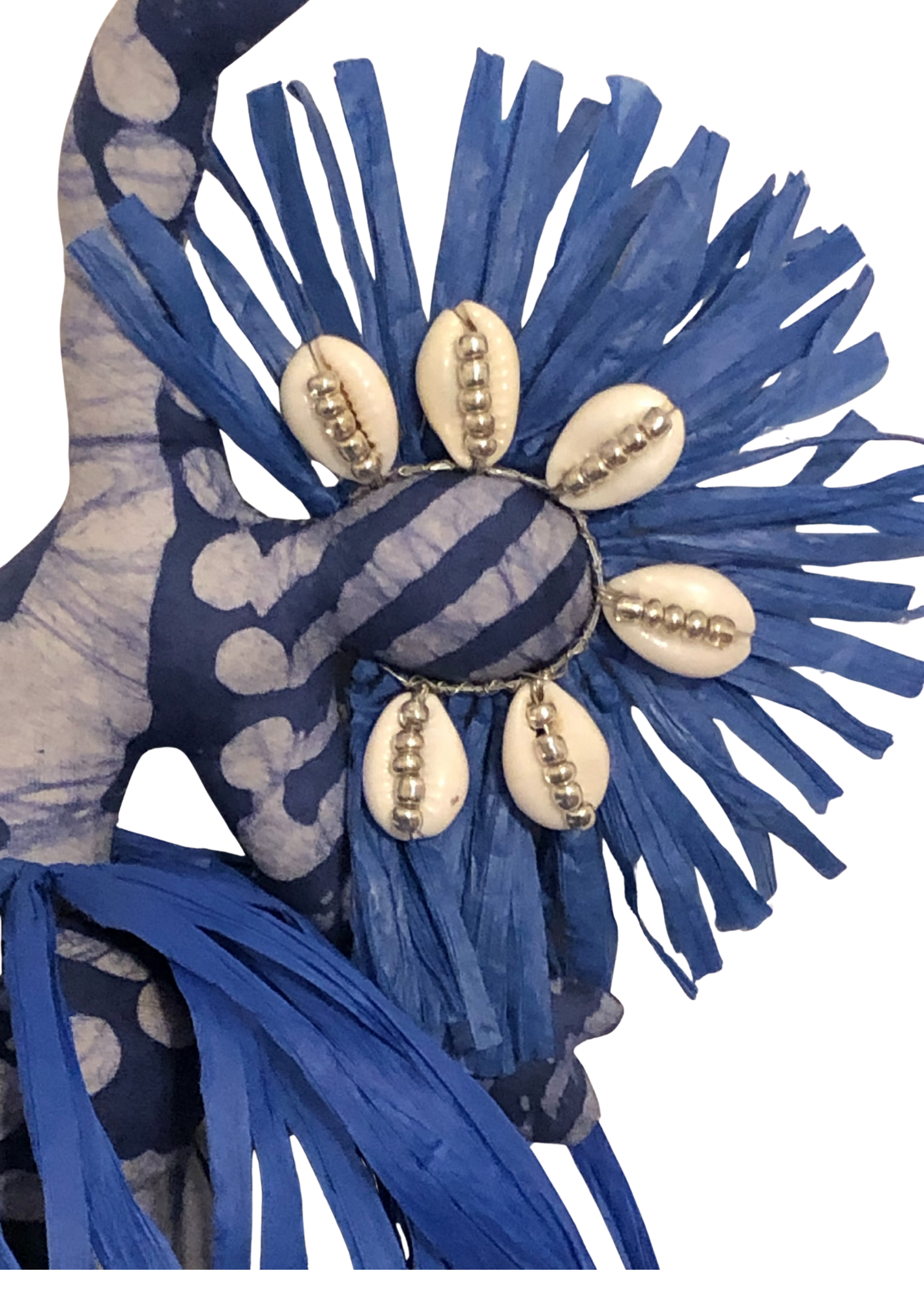 Tabita Spirit Dancer wall-hanging doll in blue and white tie-dyed African print with raffia crown, cowrie shells, and seed bead accents